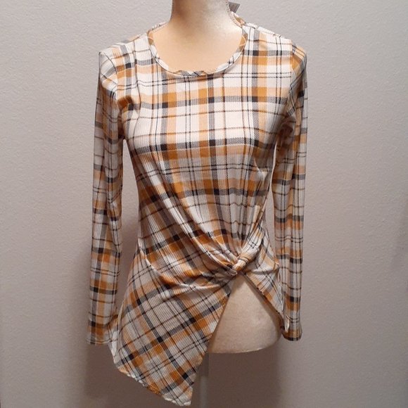B Famous #USA Gold Black Cream Gingham Squares Asymetrical Shirt - Size Medium - Picture 1 of 7
